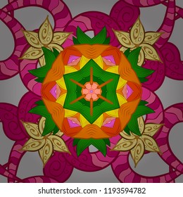Seamless Floral Pattern in Vector illustration. Flowers on gray, magenta and orange colors in watercolor style.