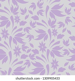 Seamless floral pattern. Vector illustration. Violet flowers and leaves on gray background. For wallpaper, fabrics, wrapping paper, posters, etc.