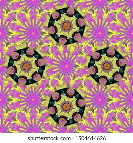 Seamless Floral Pattern in Vector illustration. Colour Spring Theme seamless pattern Background. Flowers on green, violet and yellow colors. Flat Flower Elements Design.
