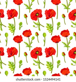 Seamless floral pattern. Vector illustration. Ornament of poppy flowers, leaves, buds.