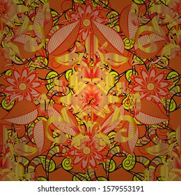 Seamless Floral Pattern in Vector illustration. Beautiful fabric pattern. Vector illustration. On orange, yellow and red colors.
