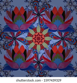 Seamless Floral Pattern in Vector illustration. Flowers on black, blue and red colors in watercolor style.
