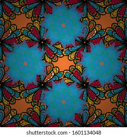 Seamless Floral Pattern in Vector illustration. Flowers on blue, orange and black colors in watercolor style.