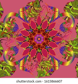 Seamless Floral Pattern in Vector illustration. Flowers on green, pink and orange colors in watercolor style.