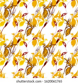 Seamless floral pattern. Vector illustration with orange, yellow flowers and red leaves on a white background.