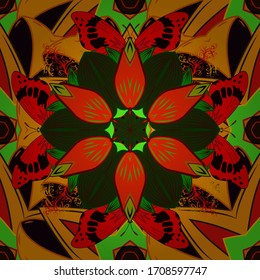 Nahtlose Blumenmuster in Vektorillustration-Illustration. FarbSpring Thema nahtlose Muster Hintergrund. Flaches Blumendesign. Blumen auf Gelb, Schwarz und Rot.
