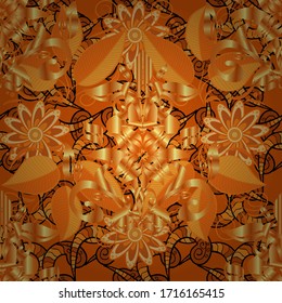 Seamless Floral Pattern in Vector illustration. Flowers on orange, black and yellow colors.