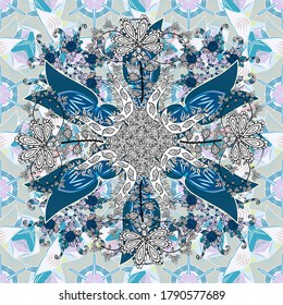 Seamless Floral Pattern in Vector illustration. Flowers on blue, gray and neutral colors in watercolor style.