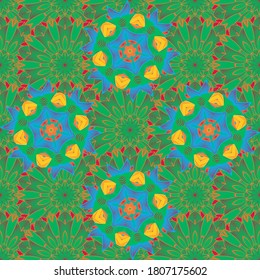 Seamless Floral Pattern in Vector illustration. Flowers on green, orange and blue colors.
