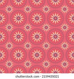 Seamless floral pattern, vector illustration. Colorful circle geometric flower pattern on pink background.