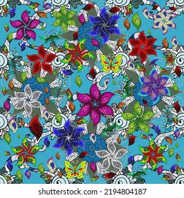 Seamless Floral Pattern in Vector illustration. Flowers on neutral, black and blue colors in watercolor style.
