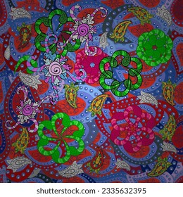 Seamless Floral Pattern in Vector illustration. Flowers on green, red and blue colors in watercolor style. Doodles.