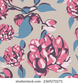 Seamless floral pattern vector illustration. Abstract red flowers and leaf pattern background with grey background. Good for wallpaper, textile fabric, print, etc.