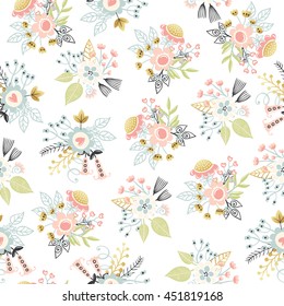 Seamless floral pattern. Vector illustration with flowers and leaves. Hand drawn vintage background in shabby chic style. Design for textile and print.