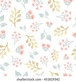 Seamless floral pattern. Vector illustration with flowers and leaves. Hand drawn vintage background in shabby chic style. Design for textile and print.
