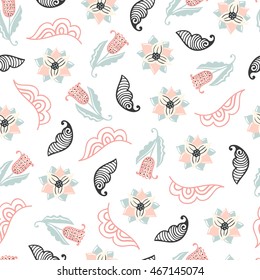 Seamless floral pattern. Vector illustration with flowers and leaves. Hand drawn vintage background in shabby chic style. Design for textile and print.