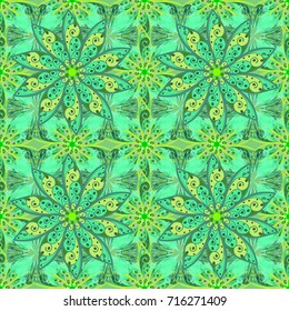 Seamless Floral Pattern in Vector illustration. Flowers on green, blue and neutral colors in watercolor style.