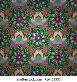 Seamless Floral Pattern in Vector illustration. Flat Flower Elements Design. Flowers on green, neutral and black colors. Colour Summer Theme seamless pattern Background.