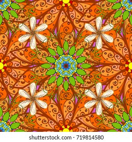 Seamless Floral Pattern in Vector illustration. Flowers on orange, brown and green colors in watercolor style.