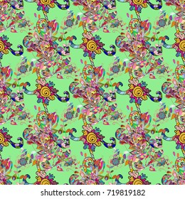 Seamless Floral Pattern in Vector illustration. Flowers on green, neutral and blue colors. Colour Spring Theme seamless pattern Background. Flat Flower Elements Design.
