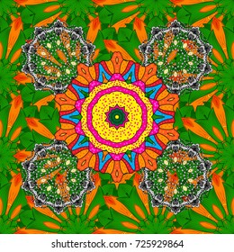 Seamless Floral Pattern in Vector illustration. Flowers on green, orange and black colors.