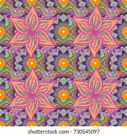 Seamless Floral Pattern in Vector illustration. Flowers on orange, yellow and pink colors.