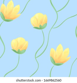 Seamless floral pattern. Vector image of a lotus in a watercolor style. Flowers isolated on a blue background.