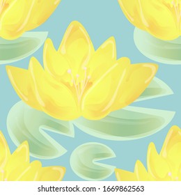 Seamless floral pattern. Vector image of a lotus in a watercolor style. Flowers isolated on a blue background.