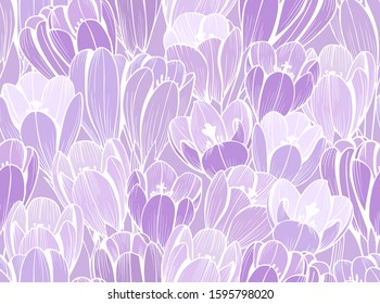 Seamless floral pattern vector outline. Romantic Crocus colors and delicate white lines will suit Loya print on fabric, Wallpaper, wrapper and design.