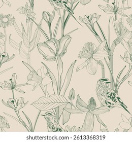 Seamless floral pattern vector outline. Romantic Crocus, tulips, daffodils and delicate bitds will suit print on fabric, Wallpaper, wrapper and design.