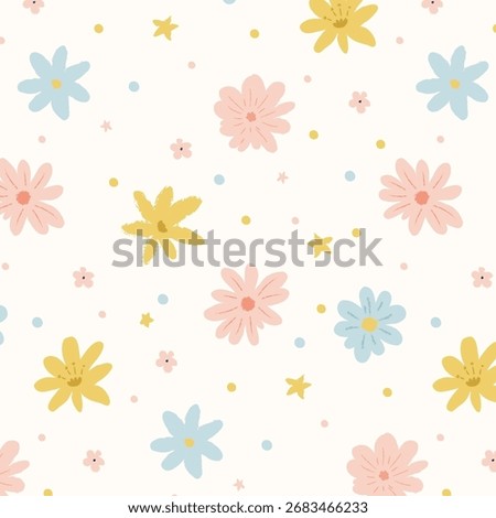 Seamless floral pattern vector with pastel pink, blue, and yellow flowers, hand drawn style on white background. Perfect for kids textiles, packaging, wallpapers, stationery.