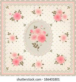 Seamless floral pattern. Vector polka dots lacy ornament with bouquets of roses. 