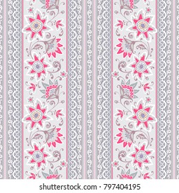 Seamless floral pattern. Vector striped background with flowers, leaves and laces. Ornamental texture for wallpaper, digital paper, fills, etc.
