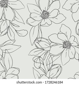 Seamless floral pattern. Vector summer illustration with linear flowers. Hand drawn nature texture in pastel colors.