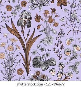 Seamless floral pattern. Vector vintage botanical illustration. Violet, gold, black and white colors