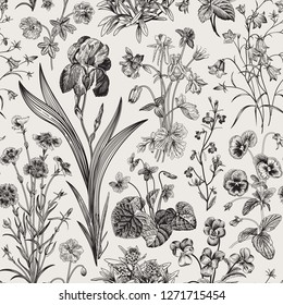 Seamless floral pattern. Vector vintage botanical illustration. Black and white