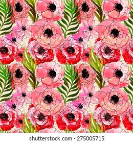 Seamless floral pattern. Vector watercolor hand drawn illustration.