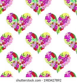 Patrón floral sin foco, vector. Flores silvestres, corazones, mariposas sobre fondo blanco.