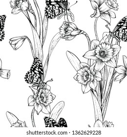 Seamless Floral Pattern vectors.Hand drawn endless  illustration. elegant texture for backgrounds. Vintage daffodil, daffadowndilly, narcissus flower wallpaper for website, fabric or textile