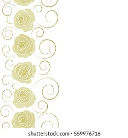 Seamless floral pattern with vertical abstract stylized neutral and green roses, vector pattern with copy space (place for your text).