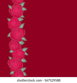 Seamless floral pattern with vertical abstract stylized neutral, red and magenta roses, vector pattern with copy space (place for your text).