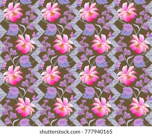 Seamless floral pattern with vertical garland of stylized cosmos and bell flowers on zigzag background. Vector summer design. 