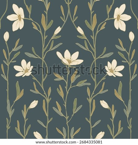 Seamless floral pattern. Vertical symmetrical design. White flowers.