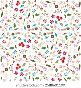 Seamless floral pattern with vibrant flowers, leaves, and botanical elements. Perfect for fabric prints, wallpapers, backgrounds, stationery, greeting cards, wrapping paper, and digital design