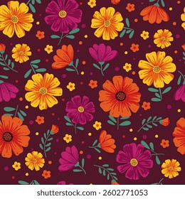 seamless floral pattern with vibrant mexican flowers for cinco de mayo, festive colorful botanical design, traditional decorative background for prints and textiles