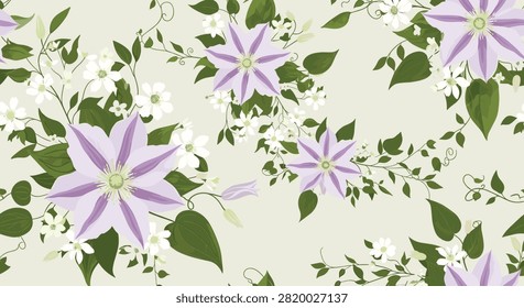 Seamless floral pattern with vibrant purple clematis flowers and small white blossoms amongst green leaves on a light base.