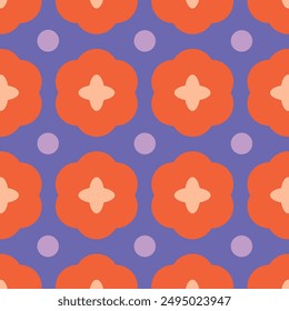 Seamless floral pattern with vibrant red flowers on a purple background, accented with light pink and purple dots. Perfect for fabric, wallpaper, and creative design projects.