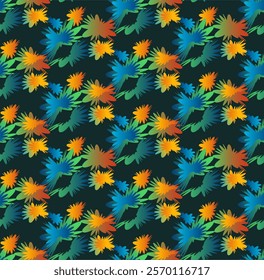 seamless floral pattern with vibrant, stylized flowers in blue, green, yellow, and orange gradients on a dark green background. Symmetrical, modern, and perfect for textiles or wallpapers