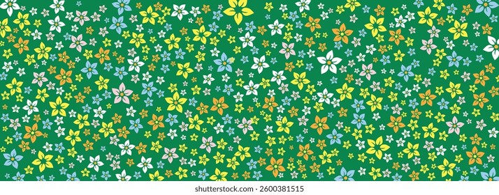 A seamless floral pattern with vibrant yellow, orange, white, pink, and blue flowers on a rich green background, creating a fresh, decorative look.

