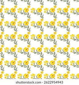Seamless floral pattern with vibrant yellow flowers and green leaves creating a fresh and elegant design on a white background. Perfect for textile, wallpaper, or wrapping paper projects.
